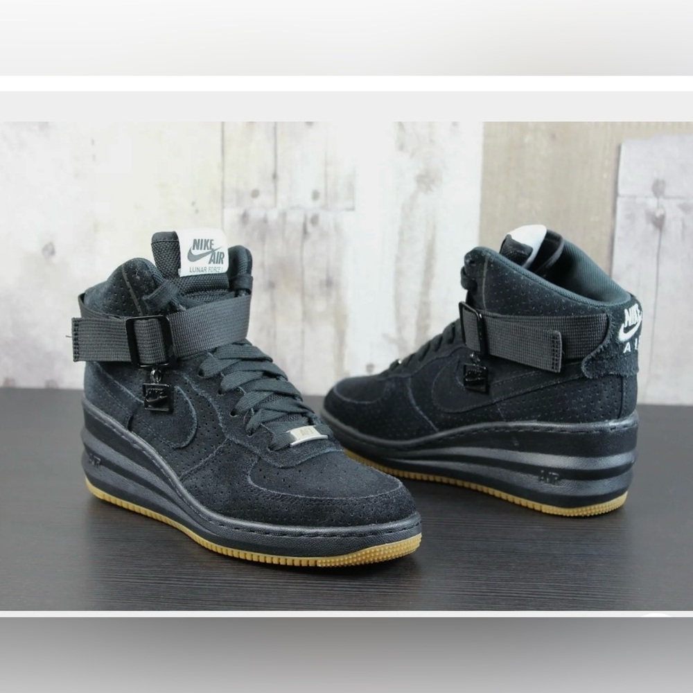 NIKE LUNAR FORCE 1 SKY HI WEDGE SNEAKERS IN BLACK SUEDE